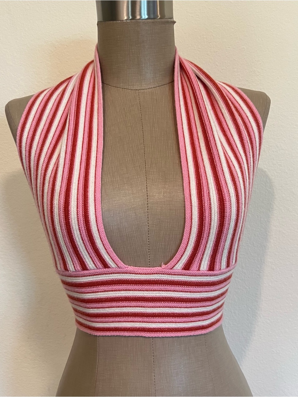 Striped Pink Halter Rib-Knit Crop Top